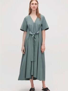 COS Voluminous Belted Dress 100% cotton Poplin With Wide Sleeves Size S